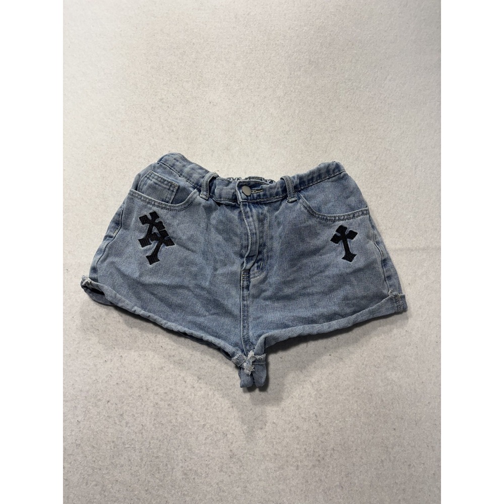 SHEIN Shorts Girls 16Y Blue Denim Elastic Waist Cross Graphic Hot Pants Casual